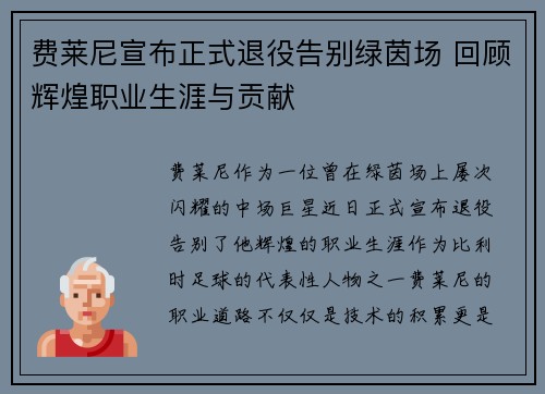 费莱尼宣布正式退役告别绿茵场 回顾辉煌职业生涯与贡献
