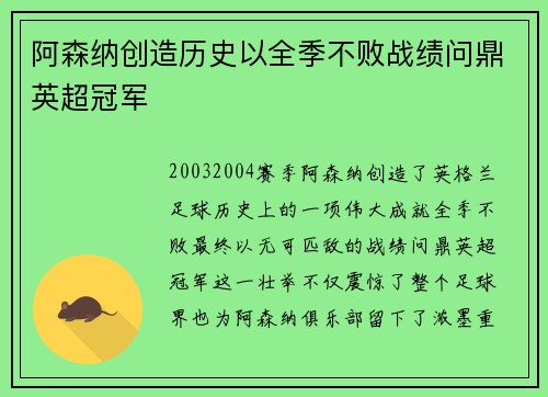 阿森纳创造历史以全季不败战绩问鼎英超冠军